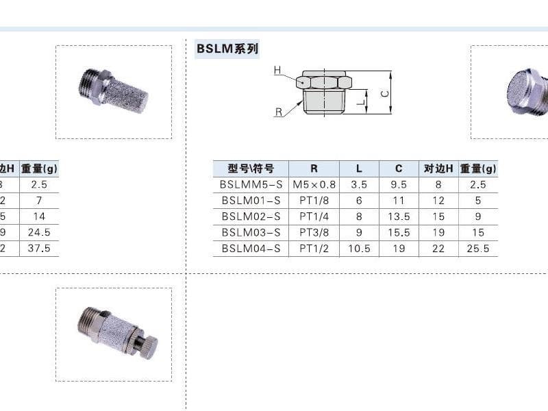 BSL, BSLM and BESL stainless steel silencer product reference