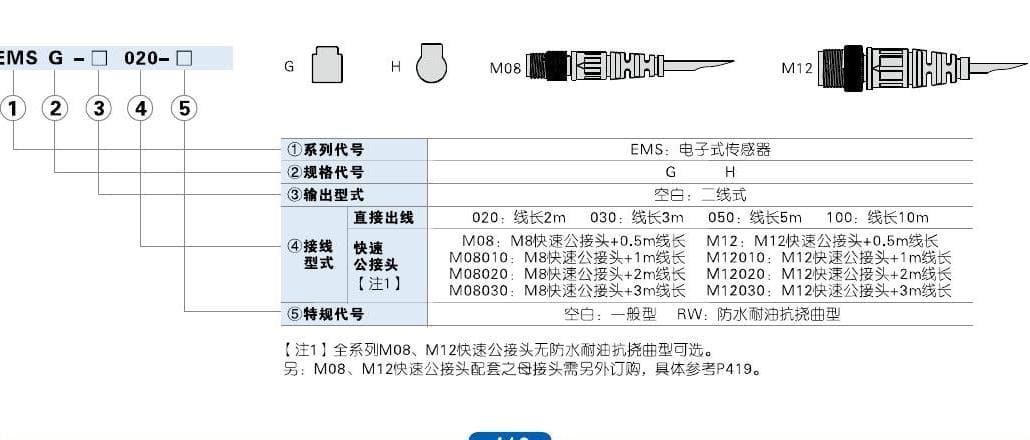 EMS electronic sensor ordering code reference
