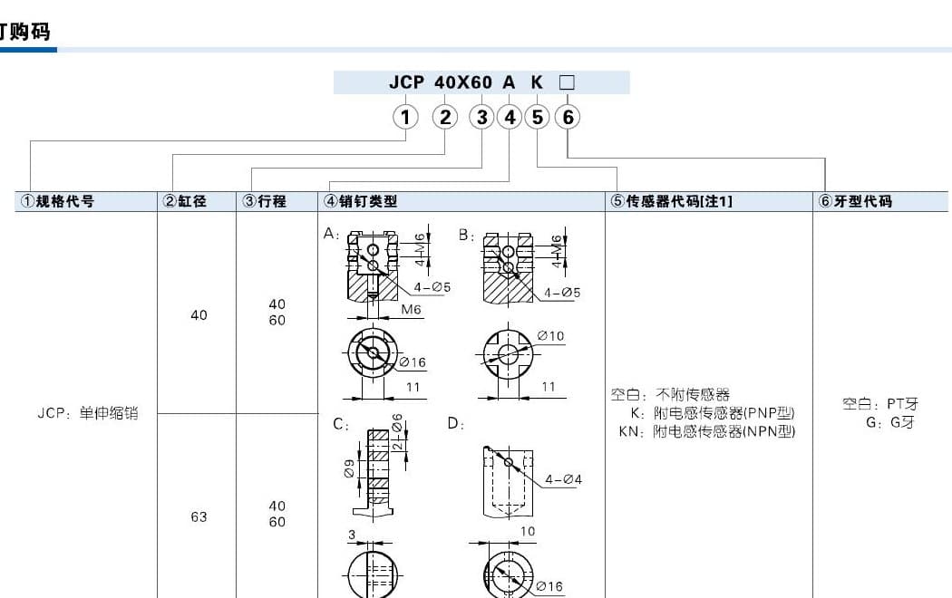 JCP single telescopic pin cylinder ordering code reference