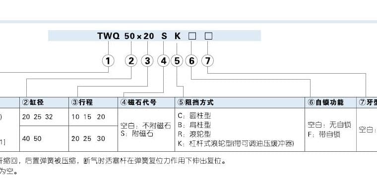 TWQ stopper cylinder ordering code reference